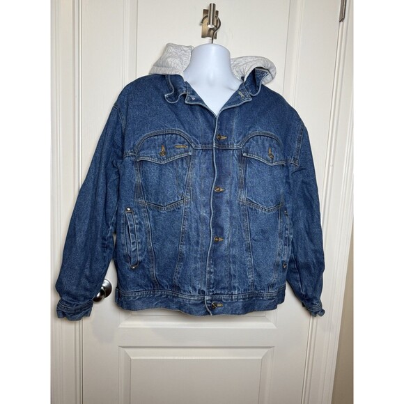 Todays News Jacket Mens XL Vintage Blue Denim Button Up Jean Hybrid Hoodie EUC - Picture 1 of 8
